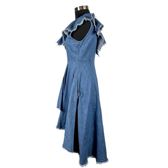 TOV HOLY DENIM ONE SHOULDER RAW HEM RUFFLE HIGH LOW MIDI DRESS - Picture 7 of 16